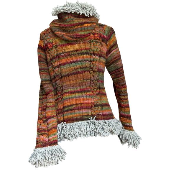AMANO 100% Wool Cardigan Womens Medium Boho Chunky Hood Fringe Zip Orange - Picture 5 of 10